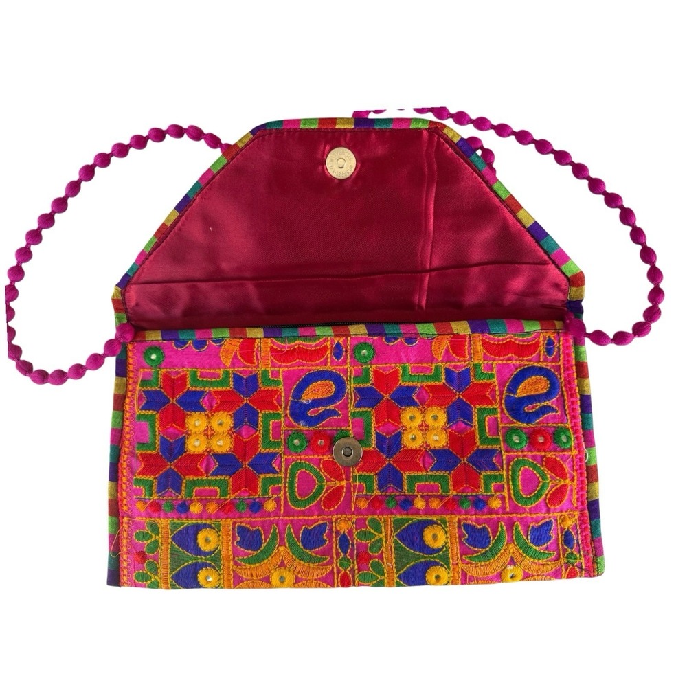 Boho Embroidered Clutch Purse Pink Multicolor Ethnic Crossbody Festival Bag - Picture 4 of 9